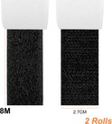 Twee stukken zwart klittenband naast elkaar, met de afmetingen 8M en 2,7CM. De tekst '2 Rollen' staat erbij.