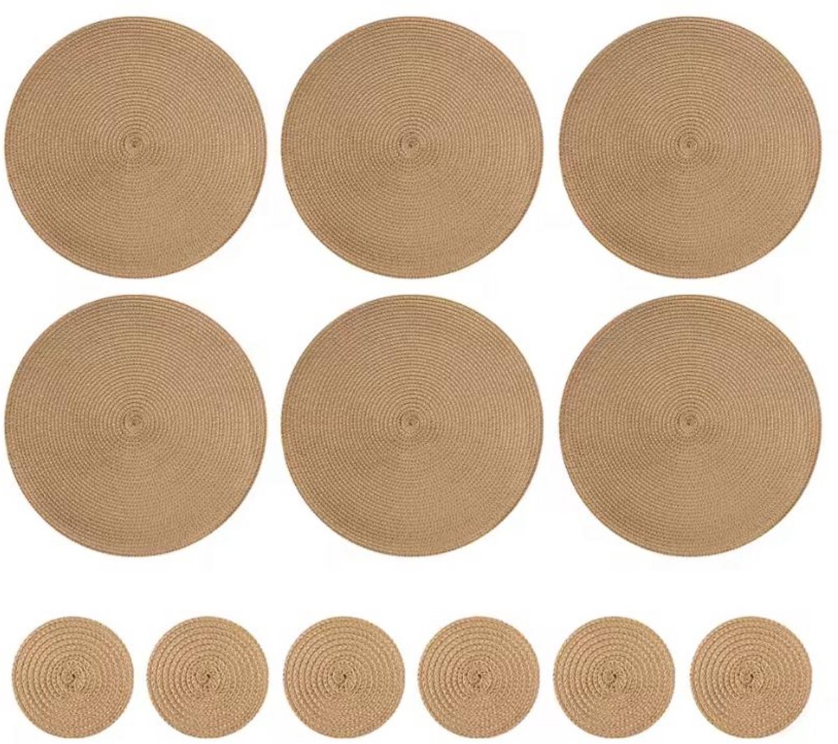 Caimco Ronde Geweven Placemats - Goud Bruin - 34cm - 6 Stuks Placemats - 6 Stuks onderzetters - Afwasbaar - Onderzetter Koffiemat - Antislip - Europese Stijl - Natuurlijk Materiaal - Wasbaar - Keukentafel