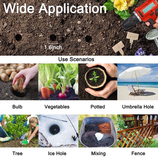 Aperçu des applications de la tarière : plantation de bulbes, légumes, semis, trous de parasol, arbres, trous de glace, mélange de terre, et clôtures. Texte : Wide Application, 1.6 inch, Use Scenarios.