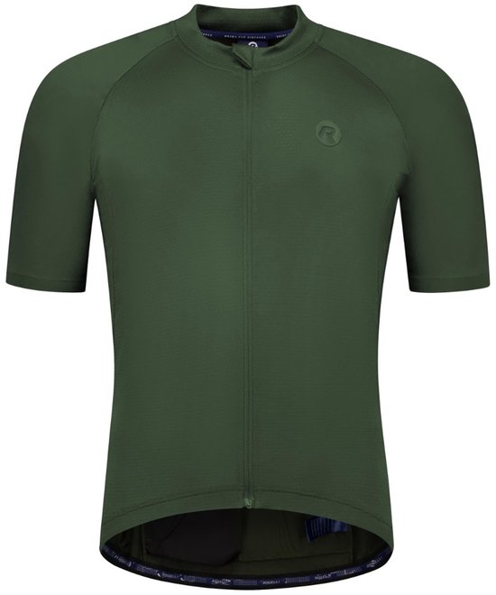 Donkergroen kort wielershirt met rits en een geborduurd logo op de borst.