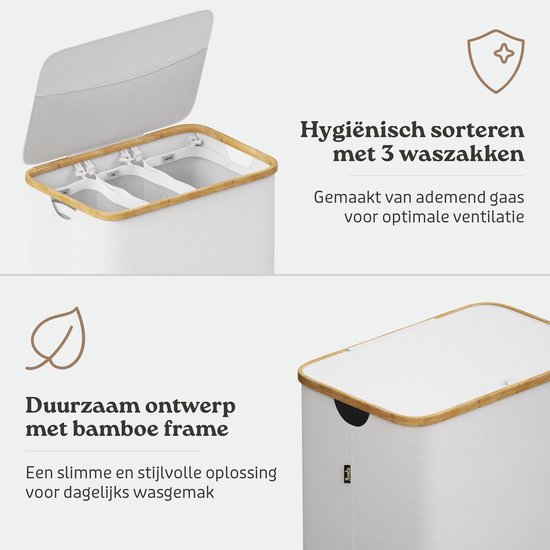 Panier à linge Avela 3 compartiments - 160 L - Wit - Panier à linge avec couvercle - Trieur de linge