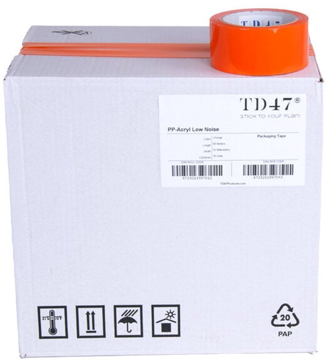 TD47 Verpakkingstape PP low noise 50mm x 66m Oranje (Doos 36 Rollen)