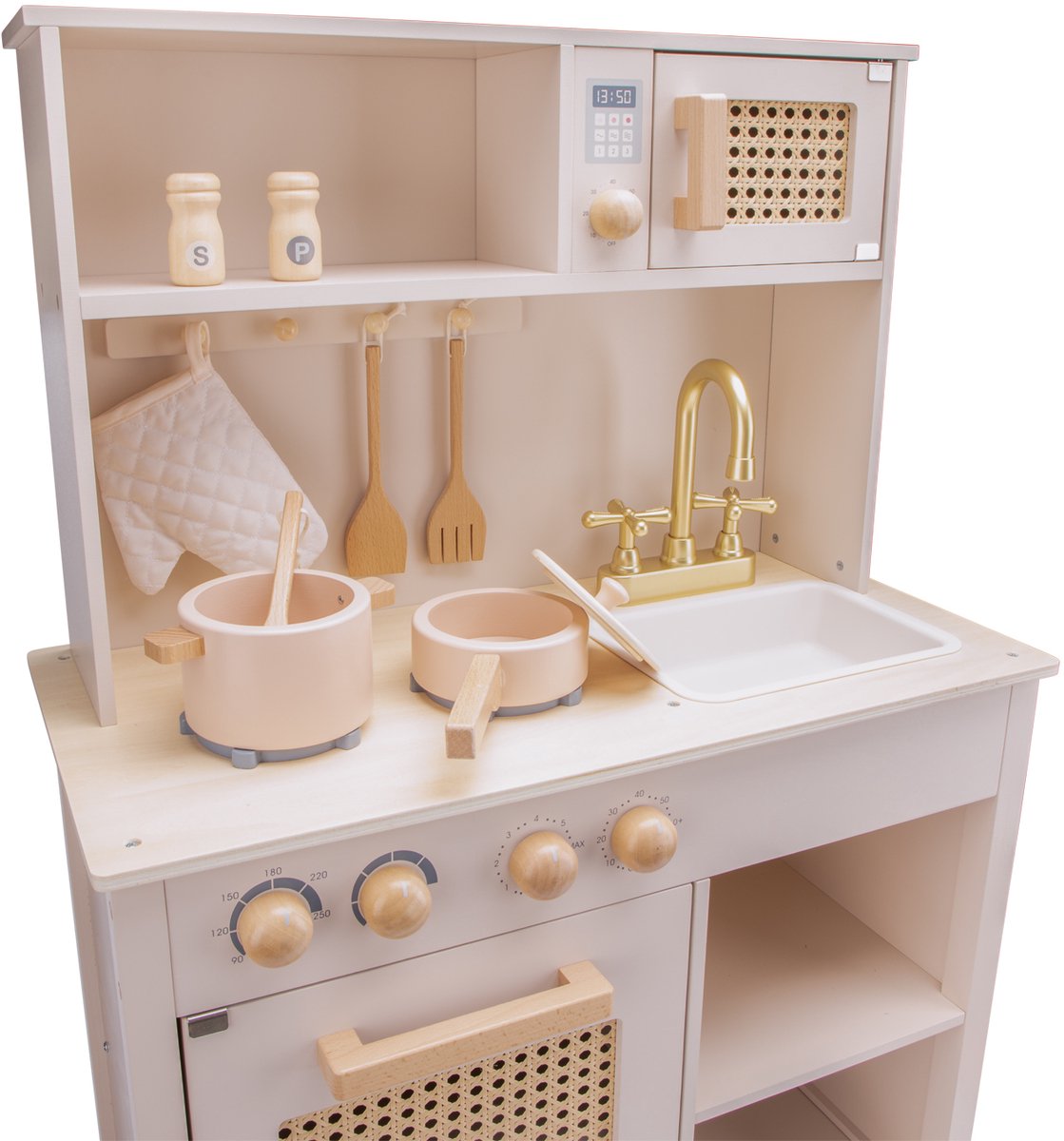 Woet® Houten Speelgoed Kinderkeuken - Speelkeukentje met Rotan Details en Gouden Kraan - Speelkeuken Roze met Diverse Accessoires - Werkbladhoogte 55 cm - Rollenspel - Vanaf 3 Jaar — afbeelding 5
