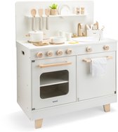 Woet® Houten Speelgoed Kinderkeuken met Vaatwasser - Speelkeukentje met Pannen, Servies, Kruidenplantje en Gouden Kraan - Speelkeuken Gebroken Wit - Werkbladhoogte 55 cm - Rollenspel - Vanaf 3 Jaar