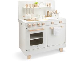 Woet® Houten Speelgoed Kinderkeuken met Vaatwasser - Speelkeukentje met Pannen, Servies, Kruidenplantje en Gouden Kraan - Speelkeuken Gebroken Wit - Werkbladhoogte 55 cm - Rollenspel - Vanaf 3 Jaar