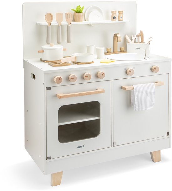 Woet® Houten Speelgoed Kinderkeuken met Vaatwasser - Speelkeukentje met Pannen, Servies, Kruidenplantje en Gouden Kraan - Speelkeuken Gebroken Wit - Werkbladhoogte 55 cm - Rollenspel - Vanaf 3 Jaar