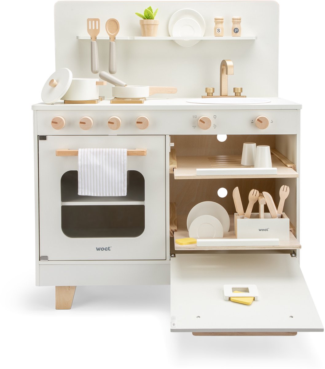 Woet® Houten Speelgoed Kinderkeuken met Vaatwasser - Speelkeukentje met Pannen, Servies, Kruidenplantje en Gouden Kraan - Speelkeuken Gebroken Wit - Werkbladhoogte 55 cm - Rollenspel - Vanaf 3 Jaar — afbeelding 6