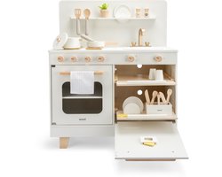 Woet® Houten Speelgoed Kinderkeuken met Vaatwasser - Speelkeukentje met Pannen, Servies, Kruidenplantje en Gouden Kraan - Speelkeuken Gebroken Wit - Werkbladhoogte 55 cm - Rollenspel - Vanaf 3 Jaar