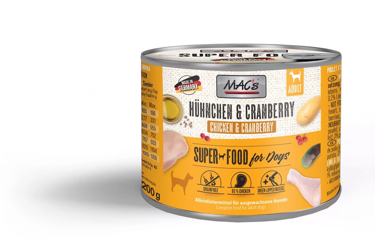 MACs MAC's Hondenvoer Natvoer Blik - 93,7% Kip & Cranberry - zeer hoog vlees gehalte 6 x 200g