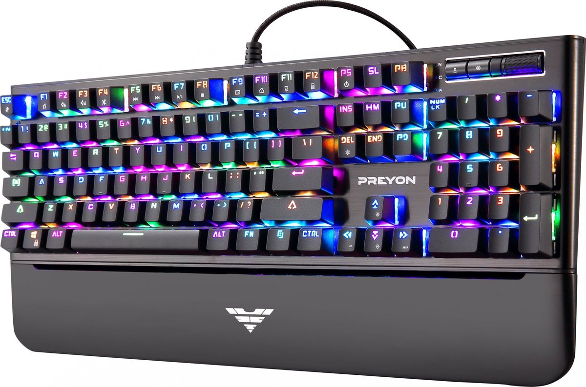 PREYON Bruine Gateron Toetsenbord met Lange Llauw (PLCB104B), Bedraad, RGB-achtergrondverlichting, Mechanisch Toetsenbord, Gateron Bruine Schakelaars, Volumewiel