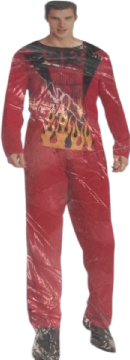 Heren Verkleedkostuum Duivel – Rood Topje met Vlammenprint & Broek – Maat XL