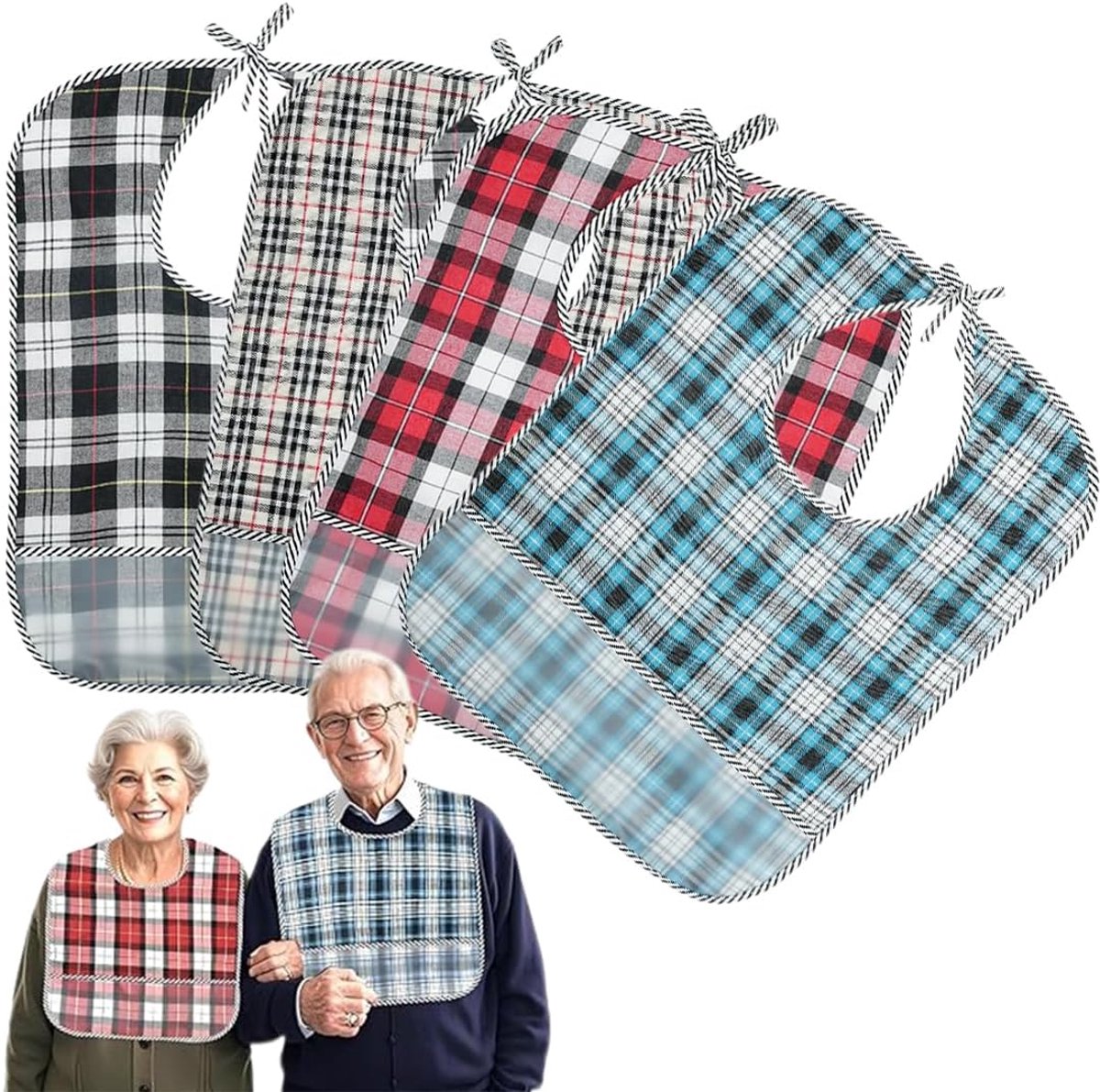 Image of 4 stuks - 58.5*38 cm - Slabbetjes voor volwassenen - Slabbetje - Waterdichte slabbetjes voor volwassenen - Herbruikbare slabbetjes - Geruit slabbetje - met voedselkruimelopvang - wasbaar - rood, blauw, kaki, zwart