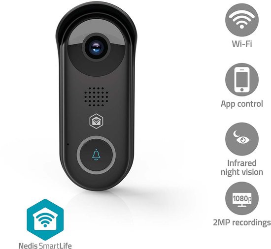 Zwarte Nedis SmartLife deurbel met camera, Wi-Fi en nachtzicht iconen.