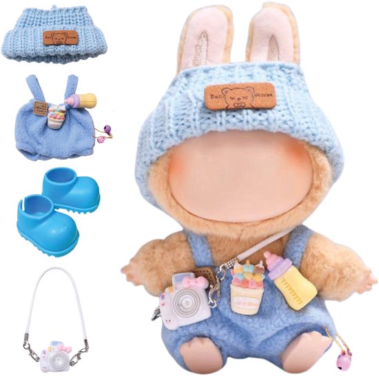 Vêtements ADEL pour Pop Labubu 17 cm – Comprend un chapeau, une barboteuse, un appareil photo et des Chaussures pour femmes – Vêtements de poupée mignons – Tenue complète avec Accessoires de vêtements pour bébé Blauw