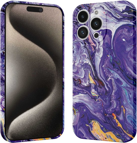 iPhone 15 Pro Max hoesje met paars, wit en gouden marmerprint. Beschermhoes met camera-uitsparing.