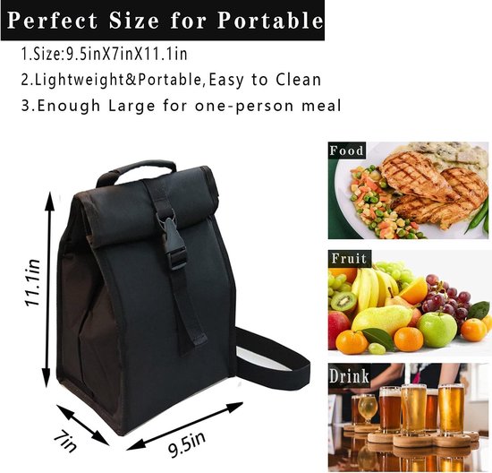 Geïsoleerde opvouwbare lunchtas met verstelbare riem - lichtgewicht draagbare lunchbox voor mannen, vrouwen, kantoor, werk, picknick, wandelen en strand (zwart (harde stof)) van Gogooda — afbeelding 4