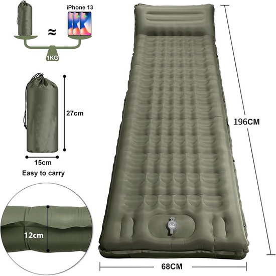 1 stuk kampeerslaapmat, zelfopblazend, 12 cm dik opblaasbaar matras, klein pakformaat, waterdicht luchtbed voor buiten met voetpomp en kussen, anti-ripstop slaapmat voor wandelen, donkergroen,195*66*12cm van Merkloos — afbeelding 5