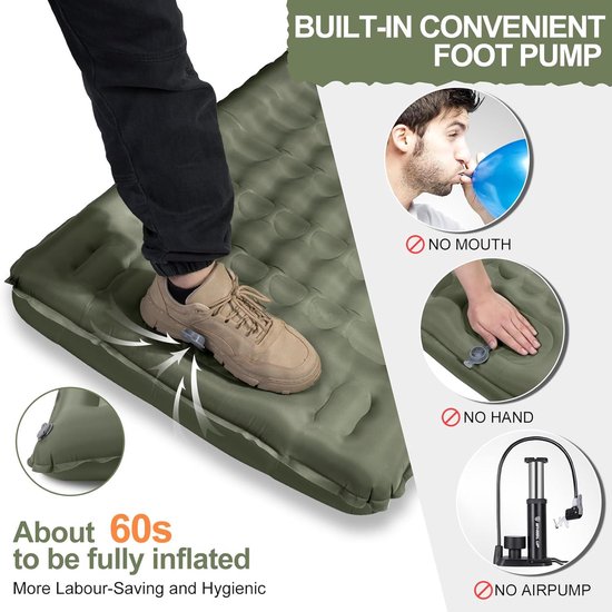 1 stuk kampeerslaapmat, zelfopblazend, 12 cm dik opblaasbaar matras, klein pakformaat, waterdicht luchtbed voor buiten met voetpomp en kussen, anti-ripstop slaapmat voor wandelen, groen,195*66*12cm van Merkloos — afbeelding 2