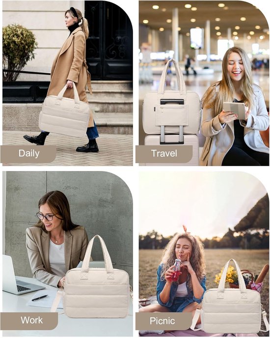 Lunchtas voor dames, 17,3 inch laptoptas met geïsoleerd lunchvak, portemonnee voor muntjes en maaltijden, grote gewatteerde reistas in beige van Merkloos — afbeelding 5