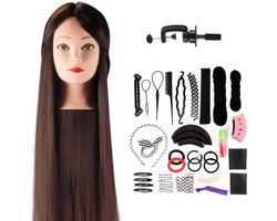 Wigs & More Oefenhoofd - Kapperspop - Kappershoofd bruin haar - Incl. tafelklem en styling accessoires - 65 cm