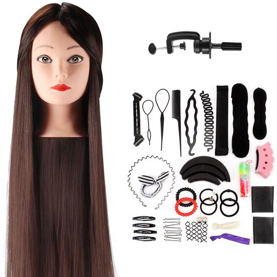 Wigs & More Oefenhoofd - Kapperspop - Kappershoofd bruin haar - Incl. tafelklem en styling accessoires - 65 cm