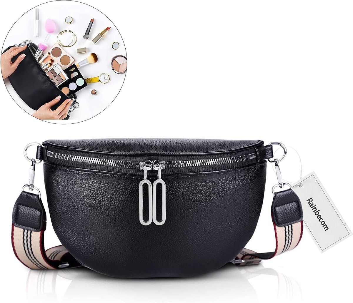 Rainbecom - Crossbodytas Dames PU Leer – 3 Vakken – Dubbele Rits - Stijlvol Schoudertas met Verstelbare en Afneembare Schouderriem – Zwart – Lichtgewicht en Modieus – 23x15x8cm