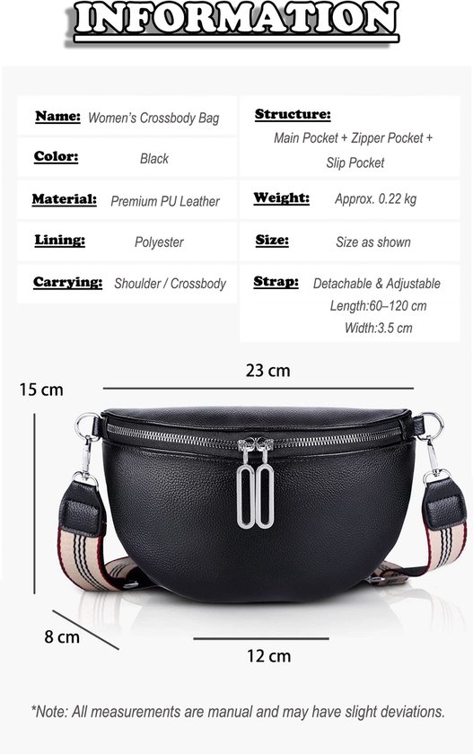 Rainbecom - Crossbodytas Dames PU Leer – 3 Vakken – Dubbele Rits - Stijlvol Schoudertas met Verstelbare en Afneembare Schouderriem – Zwart – Lichtgewicht en Modieus – 23x15x8cm