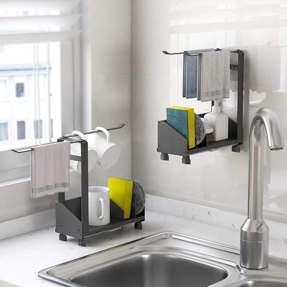 CHIWIN Vaatdoekhouder Gootsteen RVS - Aanrecht Organizer met Handdoekstang, Druipschaal & Bestekbak - Multifunctionele Gootsteen Organizer - Keuken Organizer - Antislip & Krasvrij - Geen Bore - Twee Montagemethoden - Afneembare Componenten - Zwart