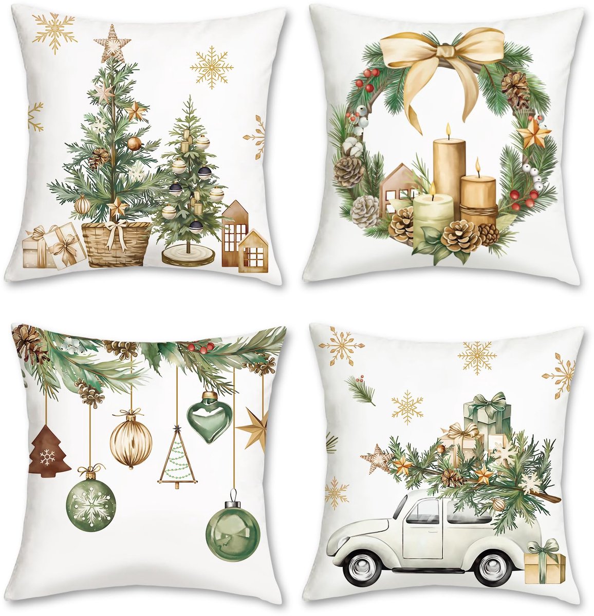Ibenzoa Feestelijke Set van 4 Kussenslopen met Winterse Kerstmotieven voor Huisdecoratie wit