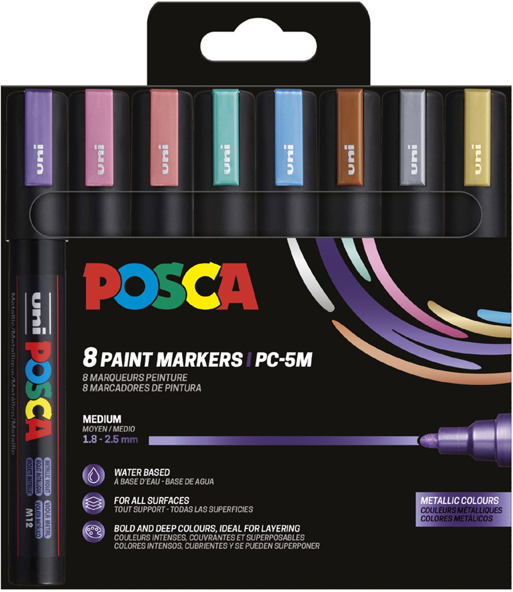 Posca stiften set 5M wit/zwart/goud/zilver — afbeelding 6