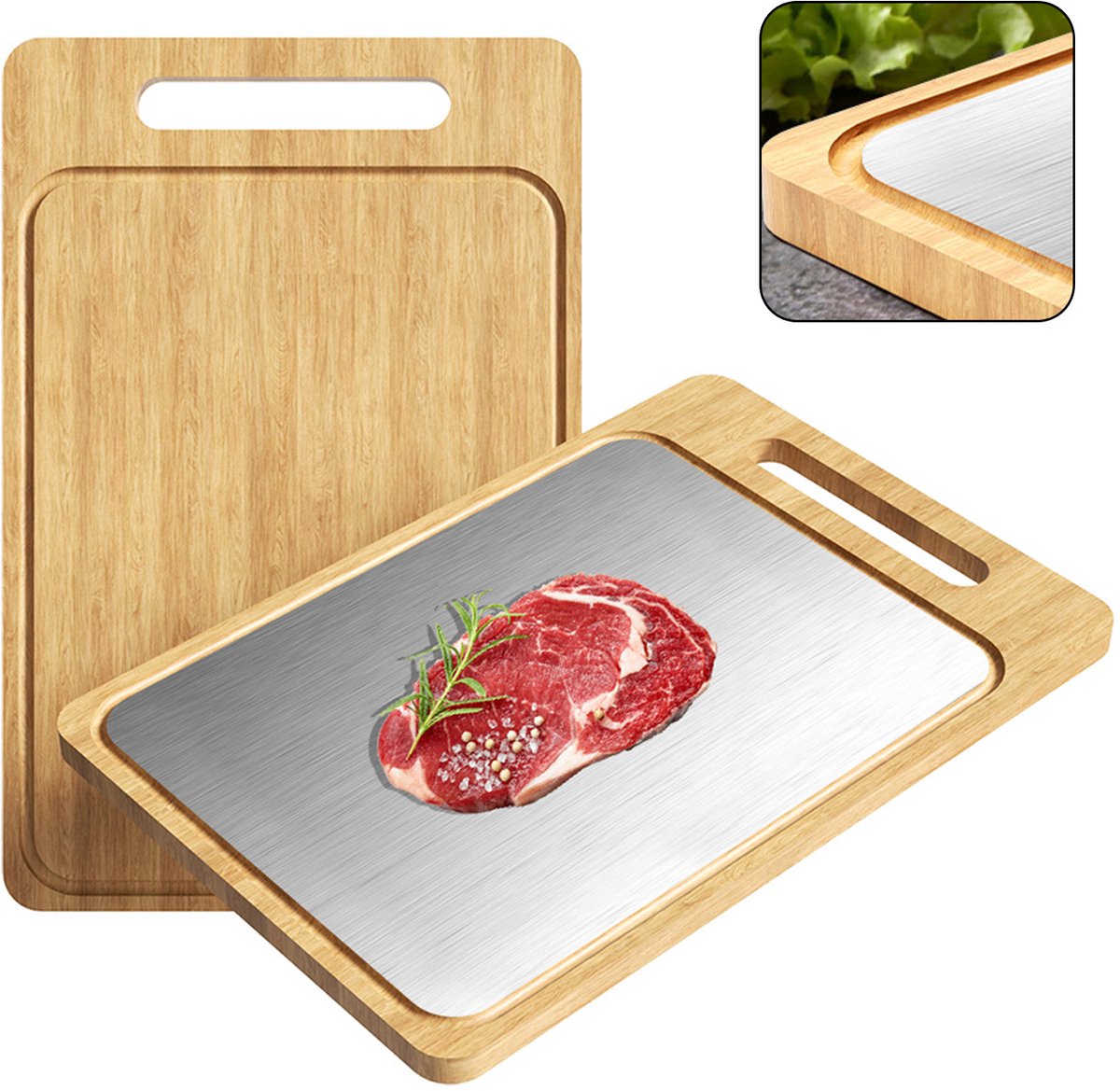 Premium RVS & Bamboo Cutting Board - Double-Sided Chopping Board with Juice Grooves | Extra Large 39x29cm for Meat, Vegetables & Fruits | Non-Slip & Knife-Friendly Kitchen Essential
