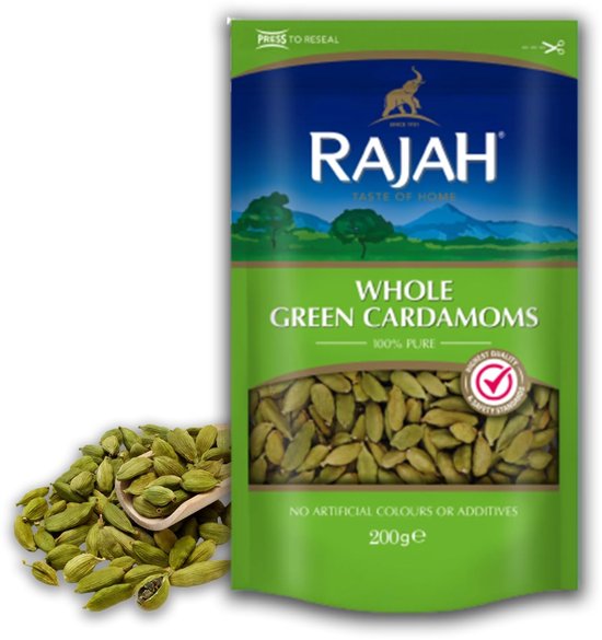 Rajah Hele Groene Kardemom Capsules (200 g) - Premium Kwaliteit, Aromatisch en Intensief, Ideaal voor Kruidenmixen, Thee, Desserts en Meer, Vers en Natuurlijk met Kajal Sticker