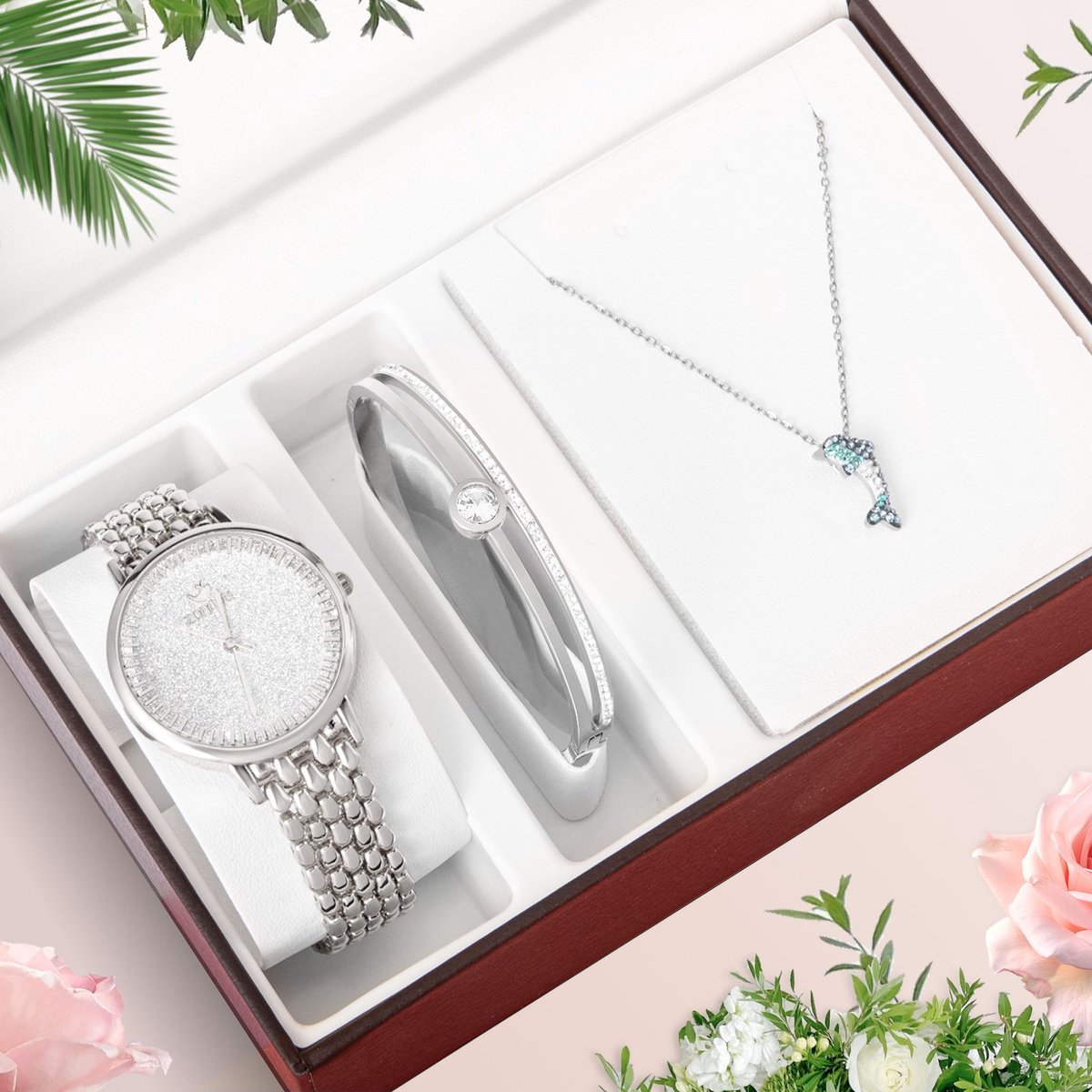 IBETTERTEC Elegant Dames Horloge Sieraden Set (3-delig) - Roestvrijstalen Polshorloge + Halsketting met Hartje - Incl. Geschenkdoos