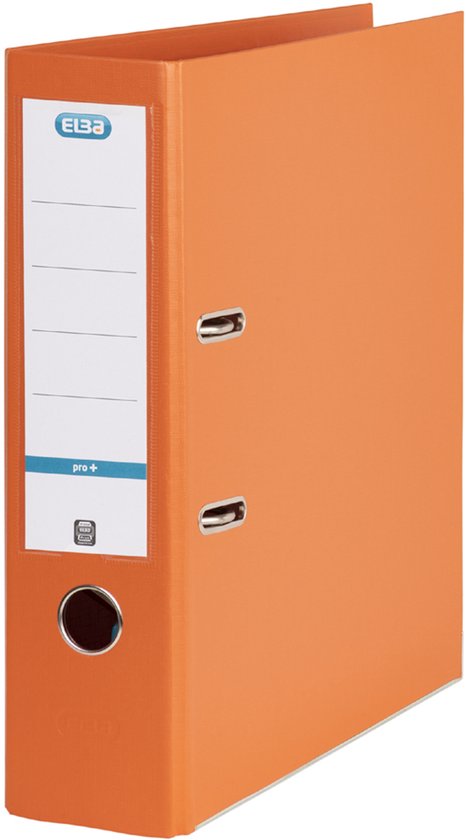 Oranje Elba ordner met een blanco label, metalen ringen en een duimgat.