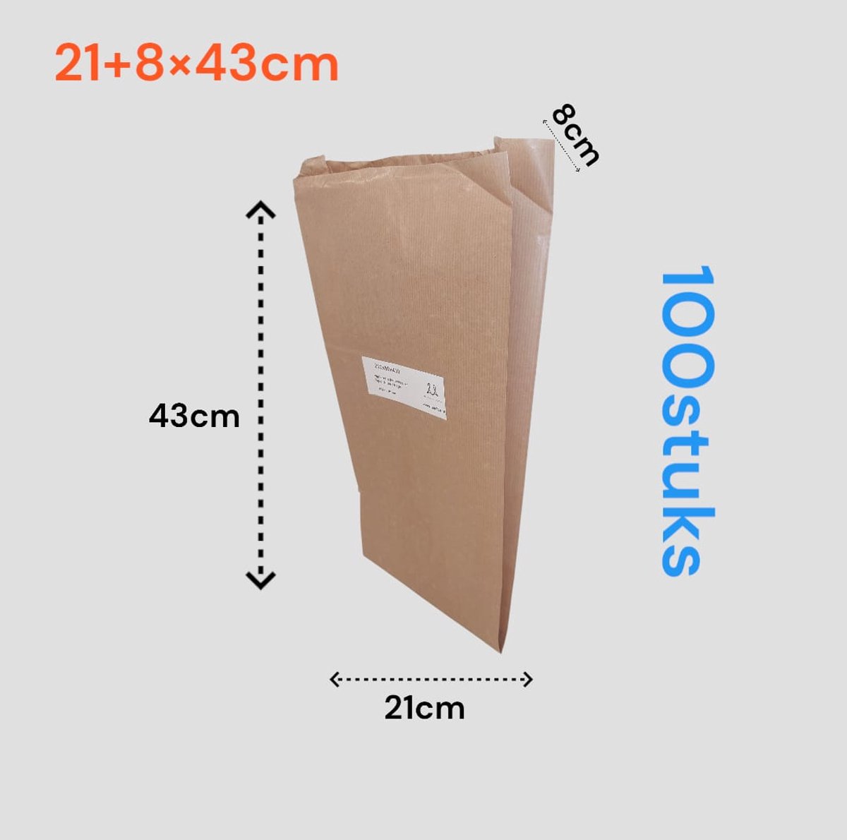 Papieren Zakjes - 100 stuks - bruin - 21x8x43 cm - met Zijvouw - Voor Brood, Fruit, Cadeaus & Koekjes