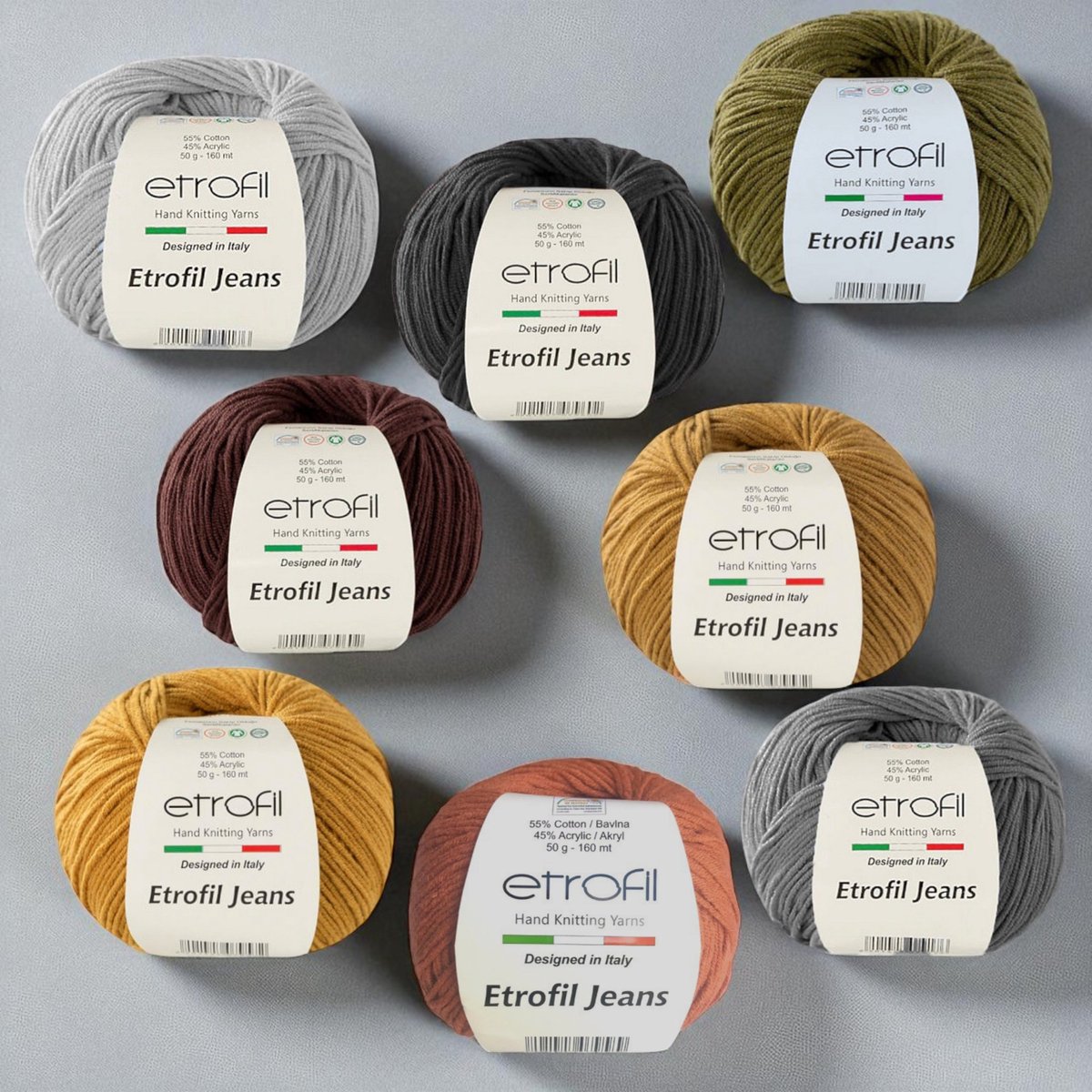 6-delige Garen Set – Herfstkleuren (Terracotta, Kaki, Bruin, Grijs, Zwart) - Etrofil Jeans Haakgaren Pakket - 8 x 50gr - 160 meter per bol - Haken - Amigurumi