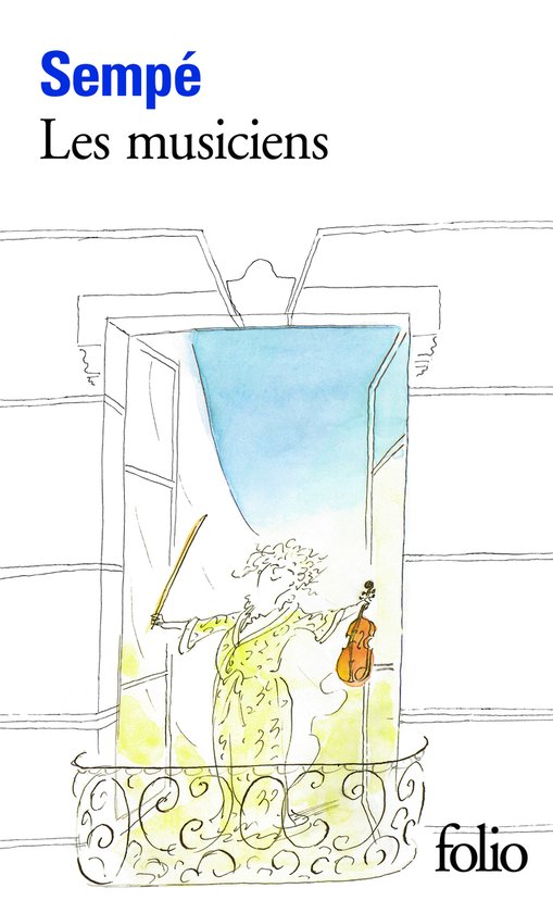 Couverture de livre "Sempé Les musiciens" avec un dessin d'une femme en robe verte jouant du violon.