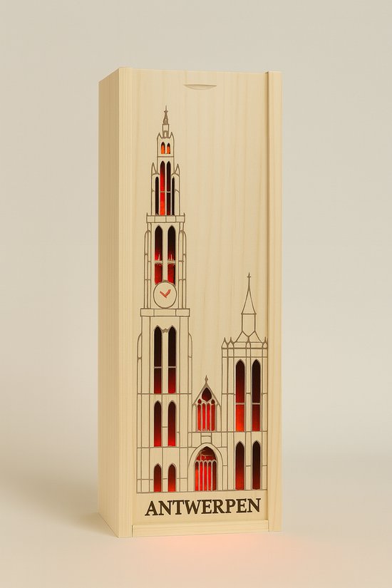 Luxe drankdoos - Antwerpen OLV Kathedraal - Gravure - Met LED-verlichting - Geschenkverpakking - Wijndoos - Wijnkist - Ilumiëllo