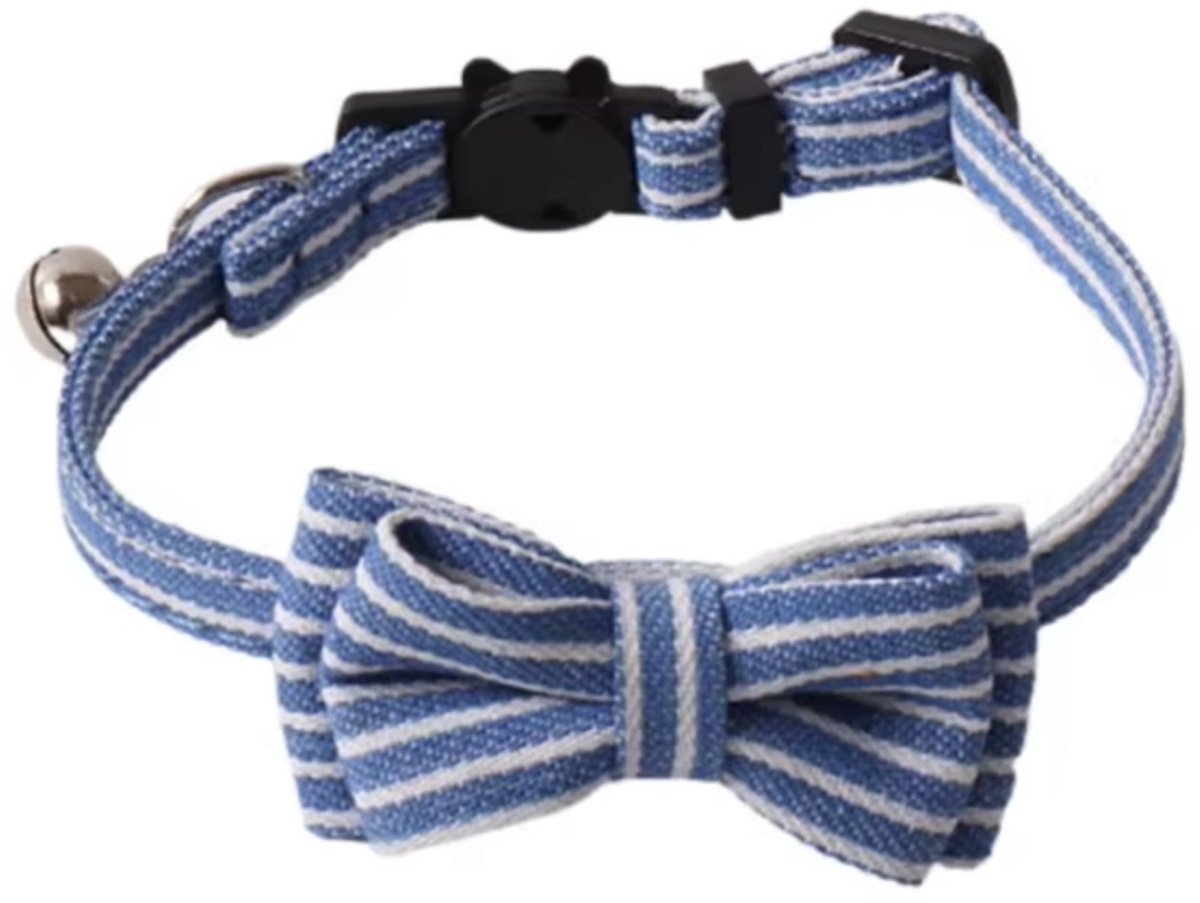 Cats&Co® Kattenhalsband - Puppyhalsbandje met strik Blauw streep denim - Katten halsband - met strik