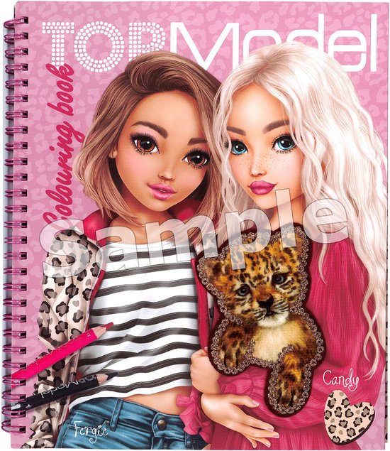 TOPModel kleurboek met Fergie en Candy met een cheetah. Ze dragen een jack met luipaardprint en een gestreepte top. Ze hebben een roze jas en een panterprint-hart.