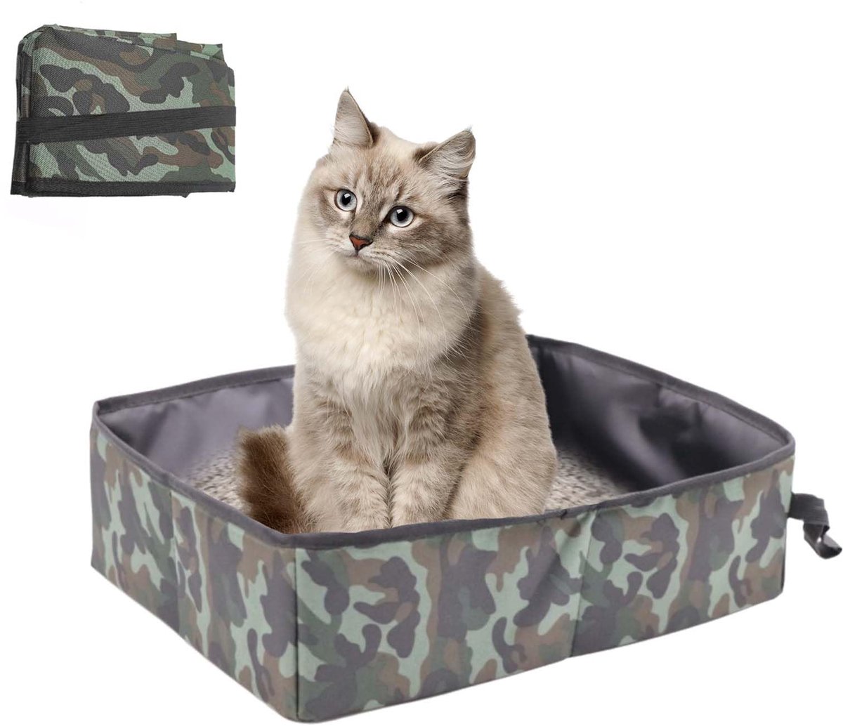 Draagbare kattenbak, opvouwbare kattenbak voor op reis, waterdicht en ademend, opvouwbare kattenbak voor op reis voor katten, draagbare opvouwbare kattenbak voor auto, kamperen, groot (militair groen)