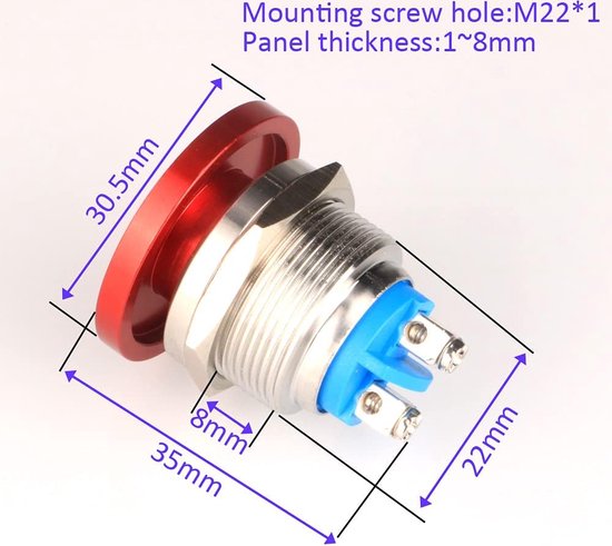 Gebildet 5 Stück Vorverdrahteter Wasserdichter IP65-Druckknopf, Momentandruckknopf aus Aluminiumlegierung, An/Aus, 12mm, 2A, 12V/24V/125V/ 250V AC (Flacher Kopf
