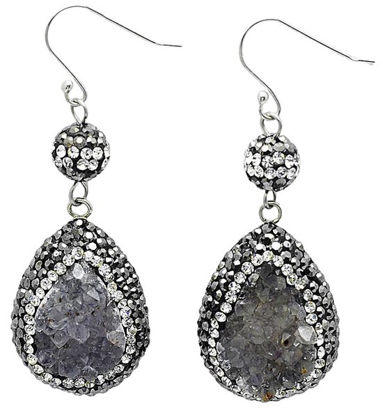 Edelstenen oorbellen Bright Grey Crystal Agate Small - oorhanger - grijs - agaat - sterling zilver (925)- stras steentjes