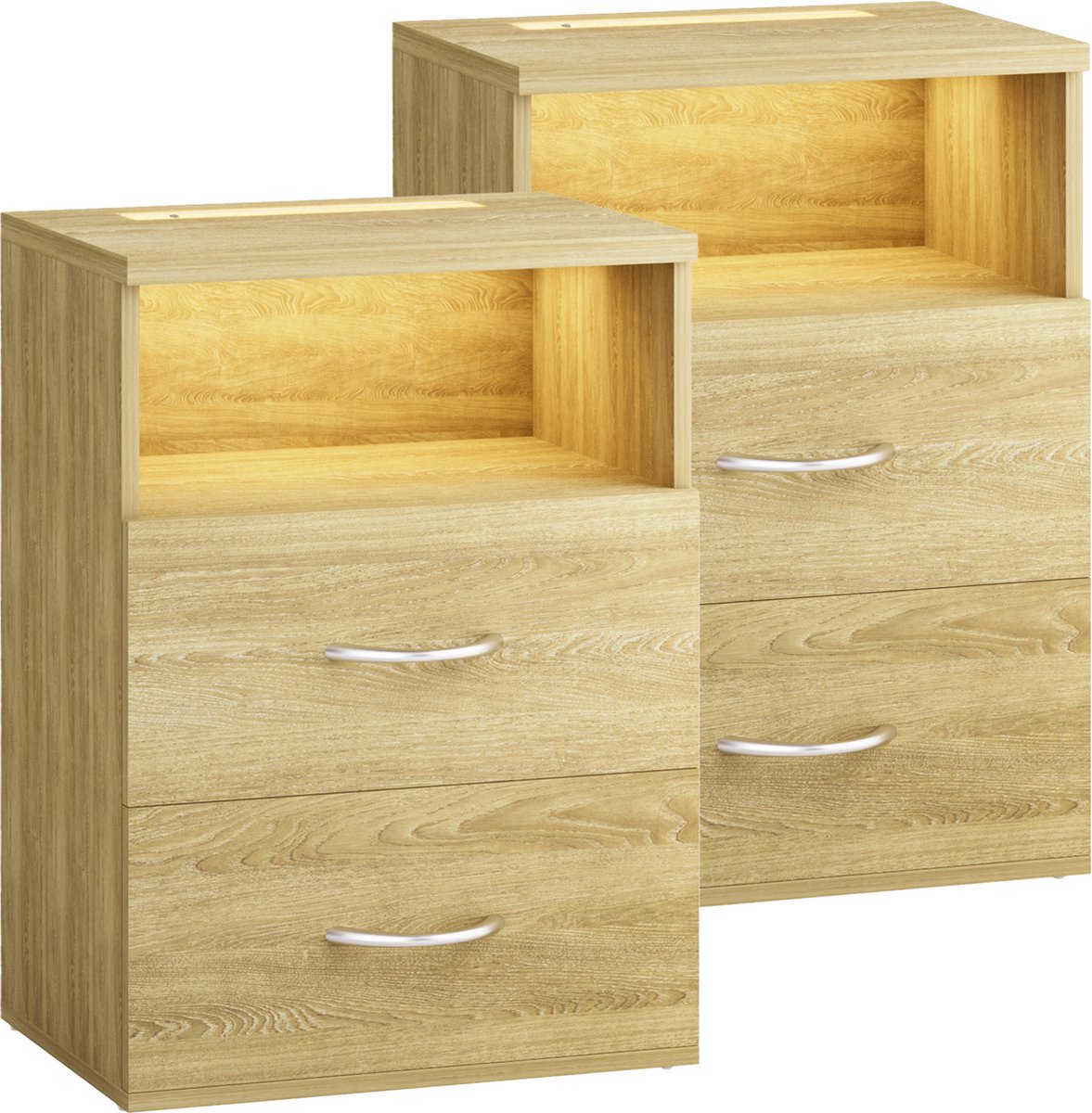 Casaria Nachtkastje Set van 2 - Hout LED 2 Lades 40x28x55cm - Eik