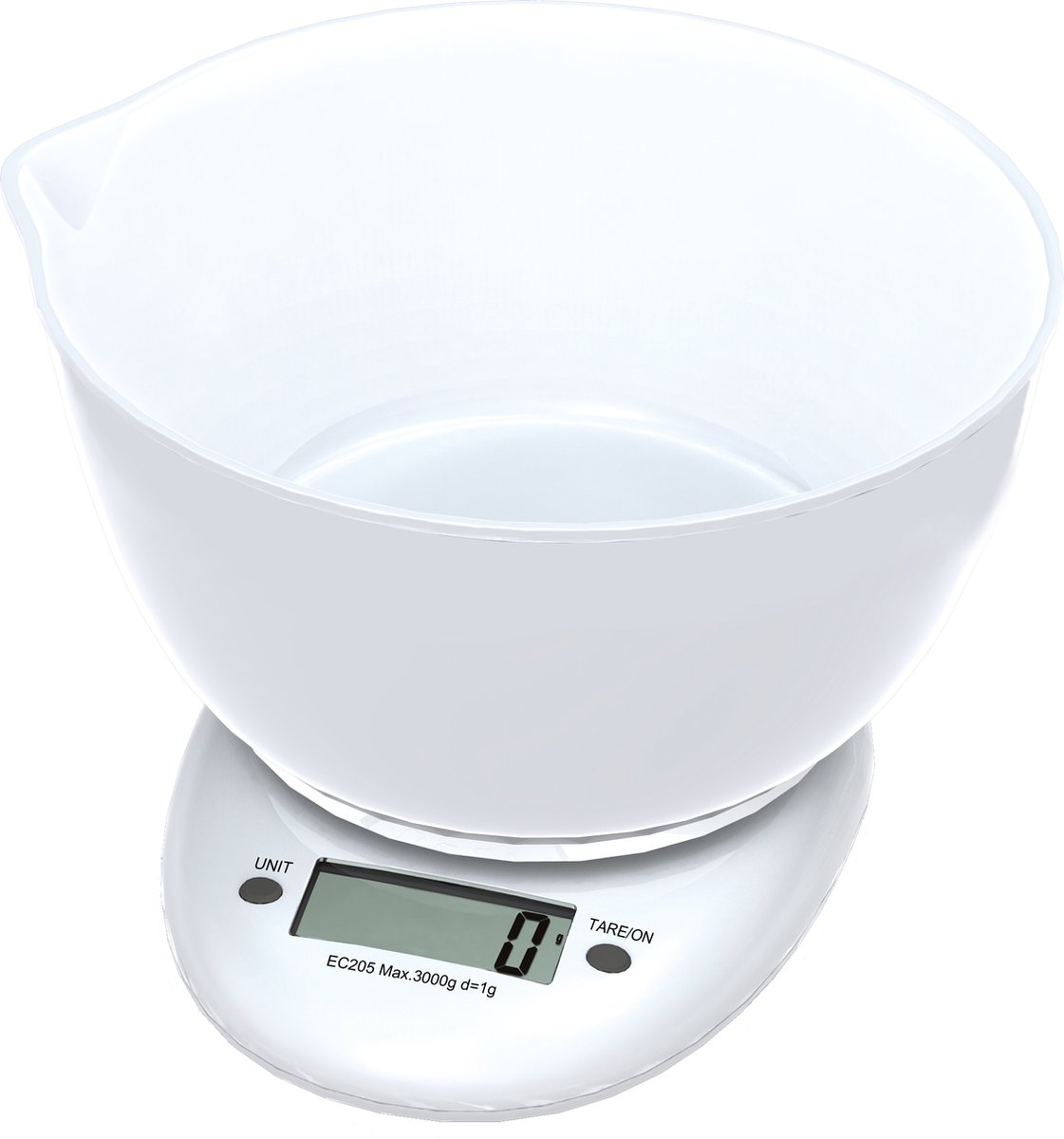 Omega keukenweegschaal met 1,5 liter schaal, max 5kg, nauwkeurigheid 1g, wit