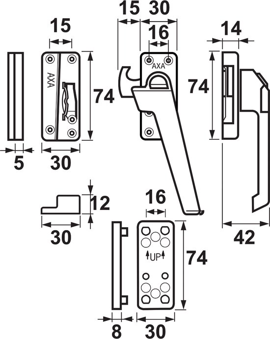 AXA Raamsluiting (model 3318) Aluminium Champagne: Afsluitbaar met drukknop, links naar buiten draaiend.