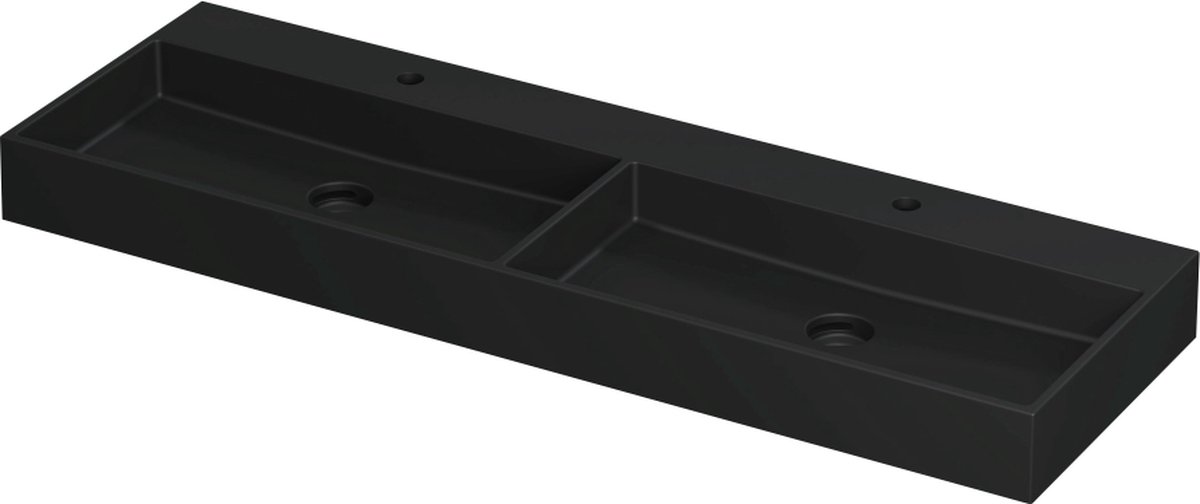 INK United wastafel porselein dubbele wasbak met 2 kraangaten inclusief porseleinen click plug en verborgen overloop systeem 140x45x11cm, mat zwart