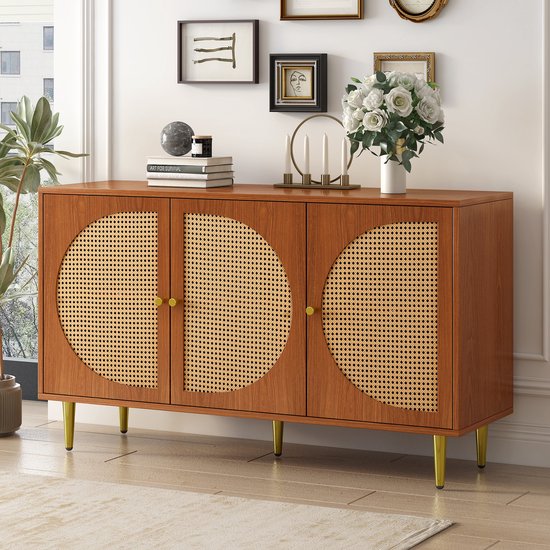Sweiko Kast met 3 rotan decoratieve deuren, vijf emmerkast met metalen handvatten, geschikt voor slaapkamers, woonkamer, kantoren, walnoothout 129.8x40x76cm