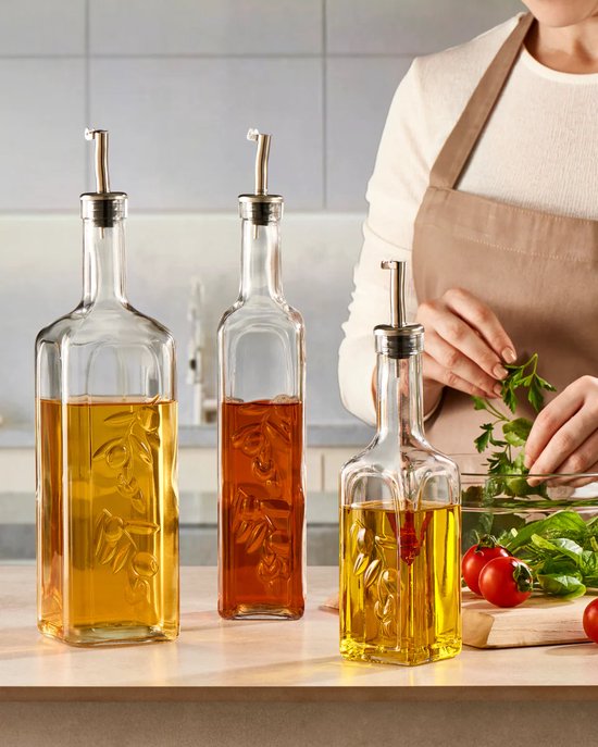 Decopatent Oliefles met Automatische schenktuit - Oliekan Glas - Olie dispenser fles voor olijfolie - Navulbaar - 350 ML - Zwart