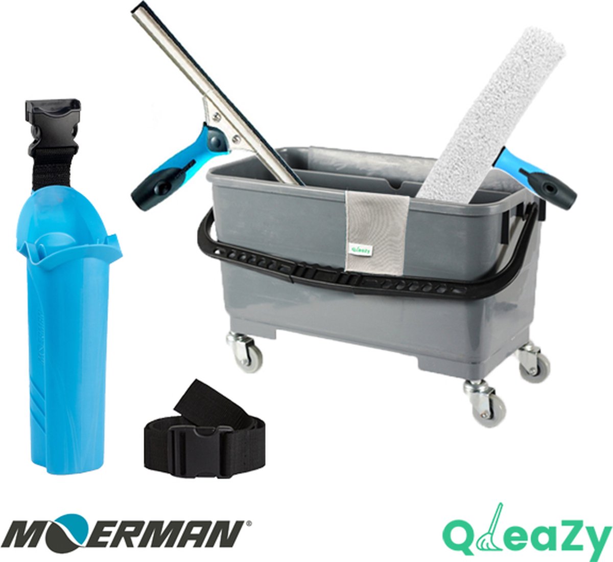 Goedkoopste Moerman - Raamwisser 35cm SET - Ramen wassen met emmer 20ltr - Ramen Wassen - Glasdoek - Liquid. - Emmer met wielen